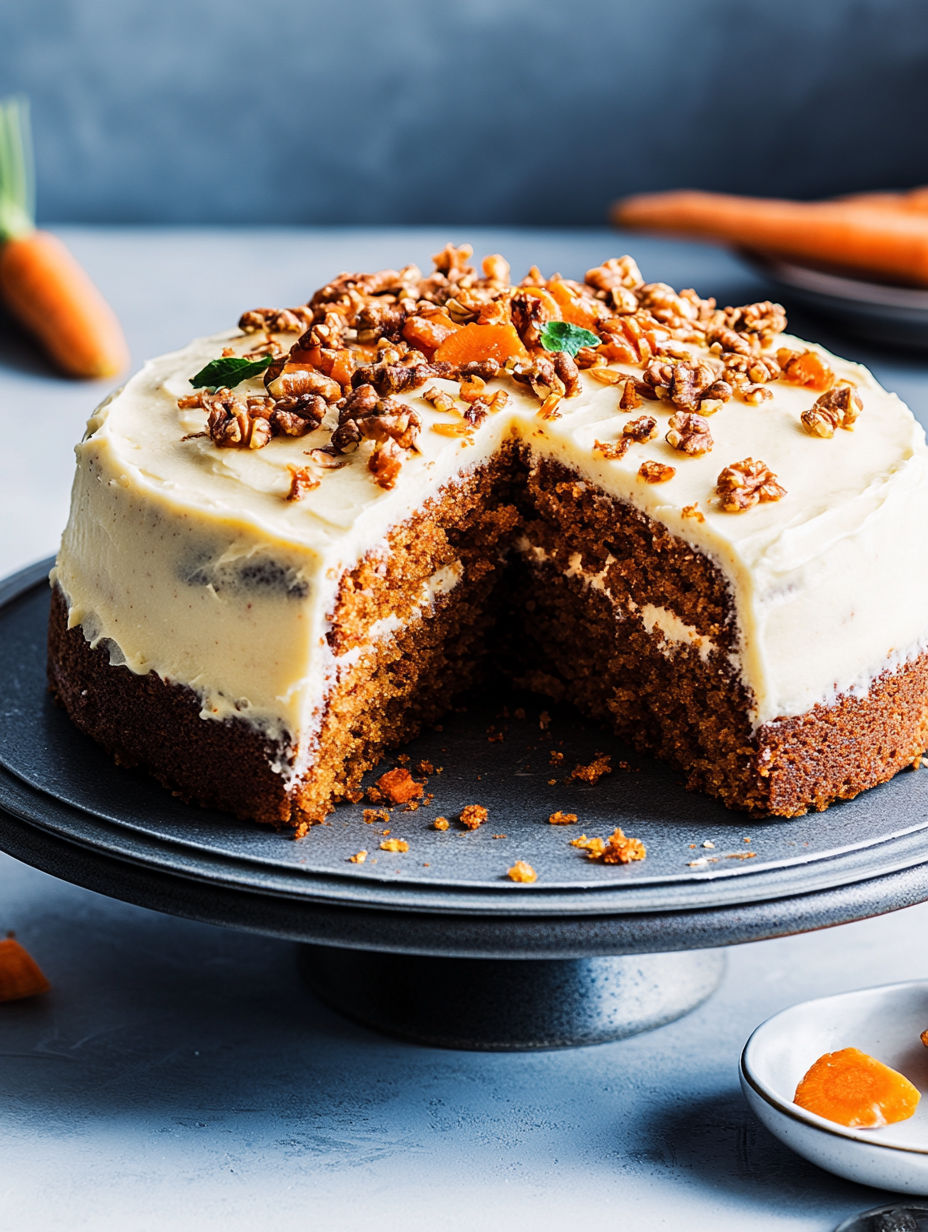 A slice of cake with caramel and walnuts.