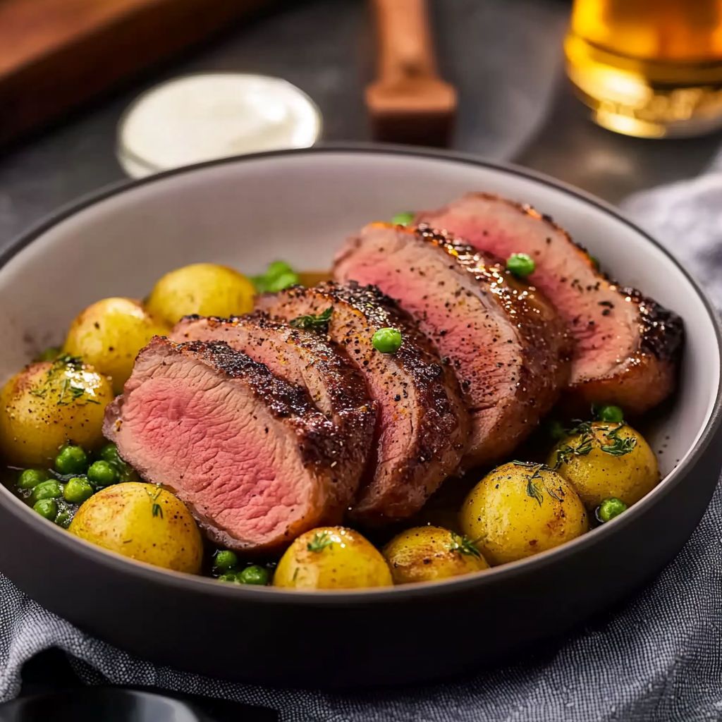 A plate of meat and potatoes.