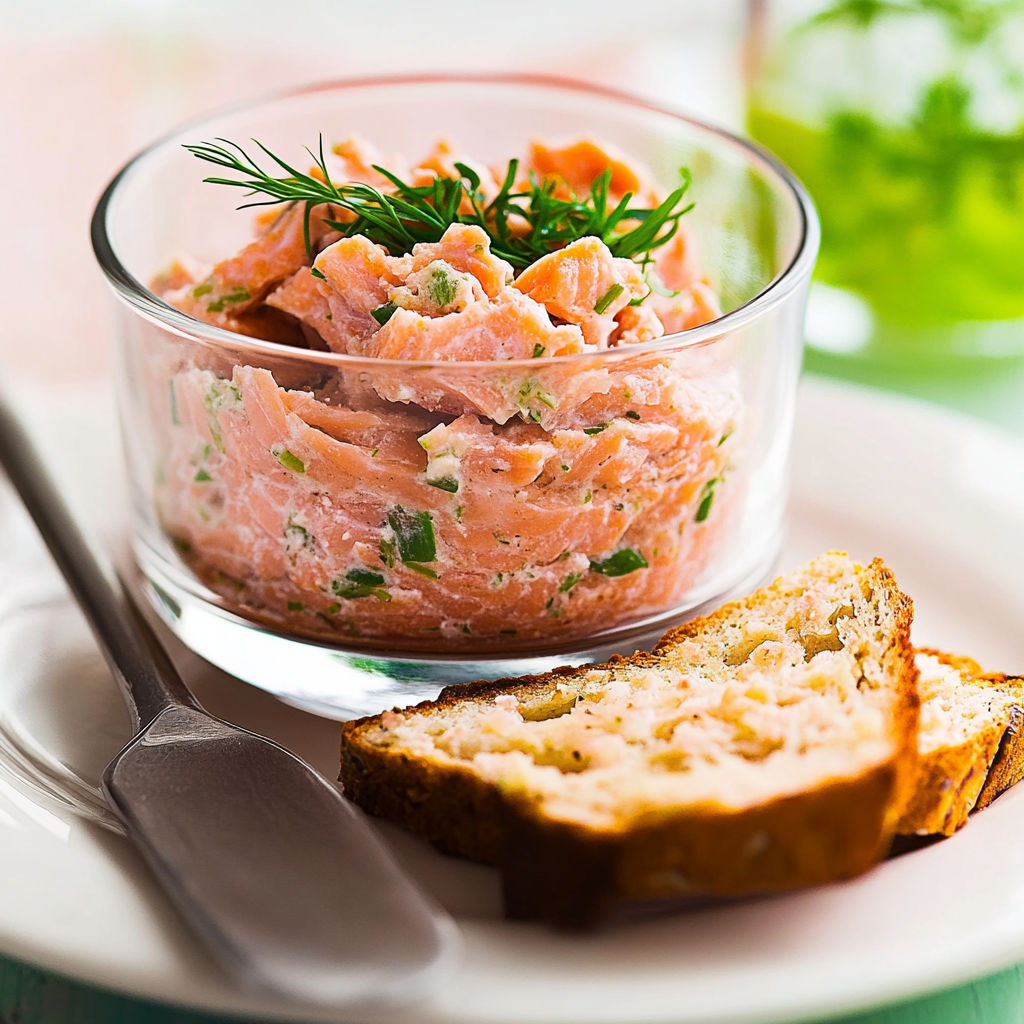 A bowl of salmon rillettes with a slice of bread on the side.