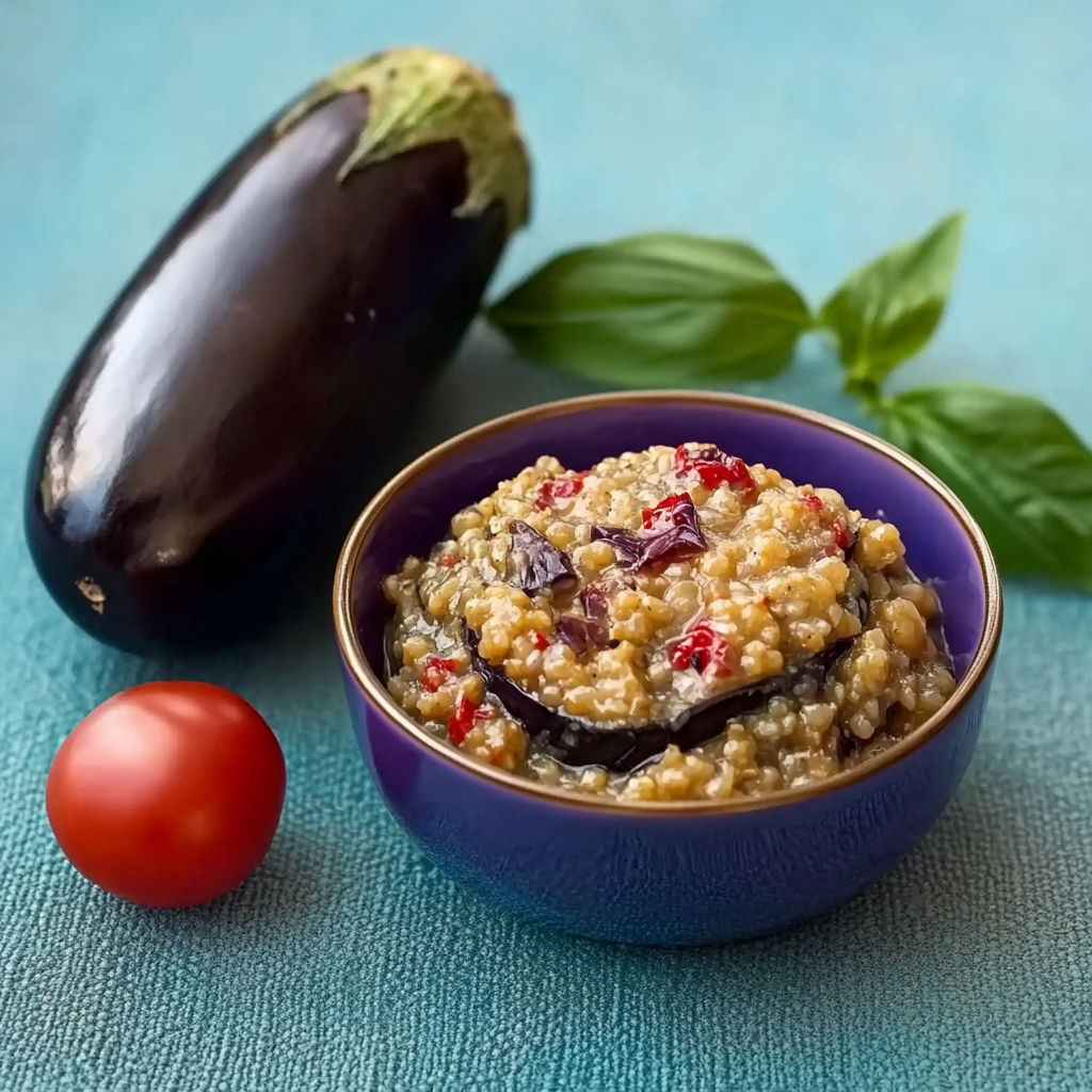 A bowl of food with a tomato and a green vegetable.