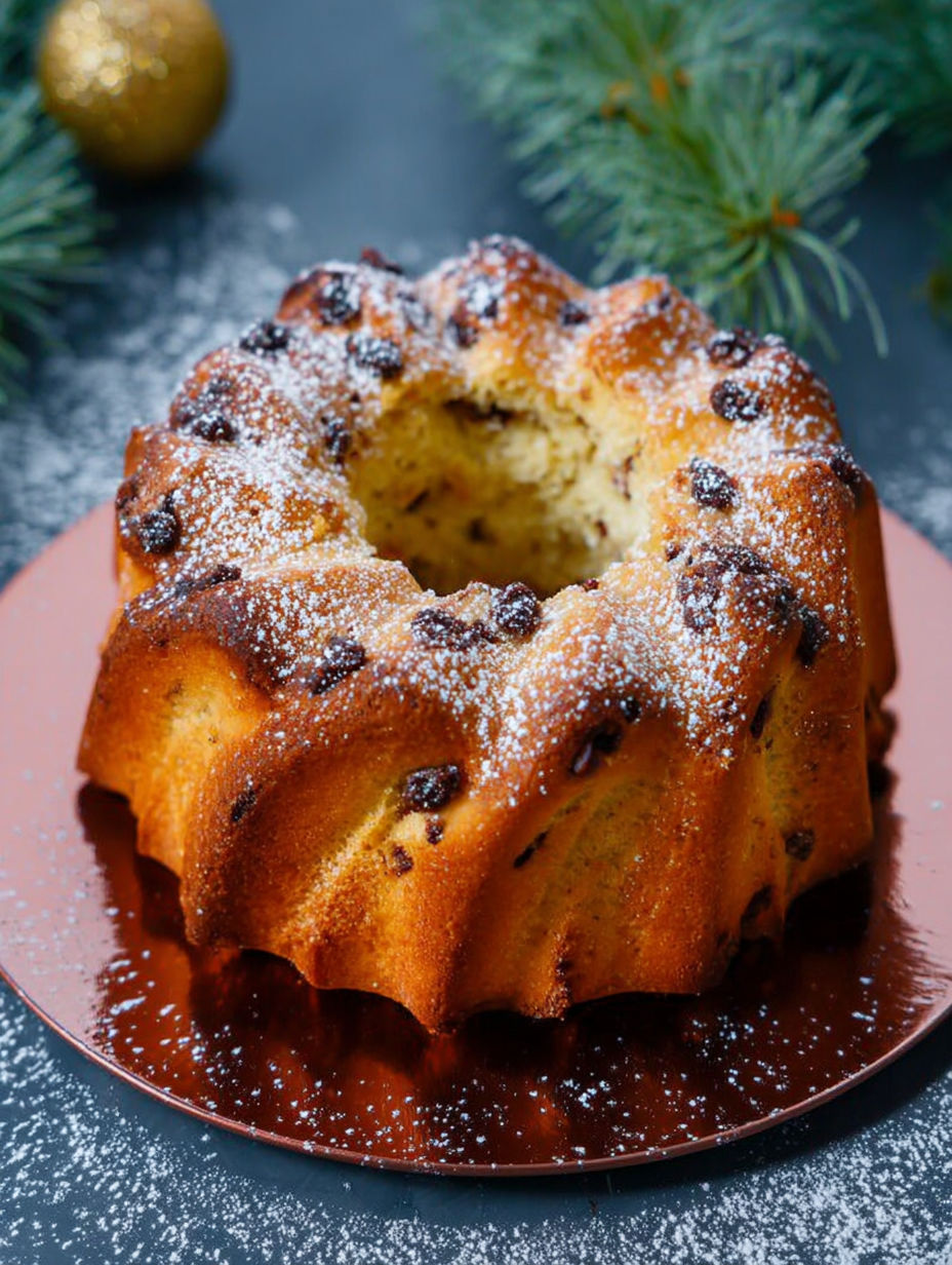 A cake with chocolate chips and powdered sugar on top.