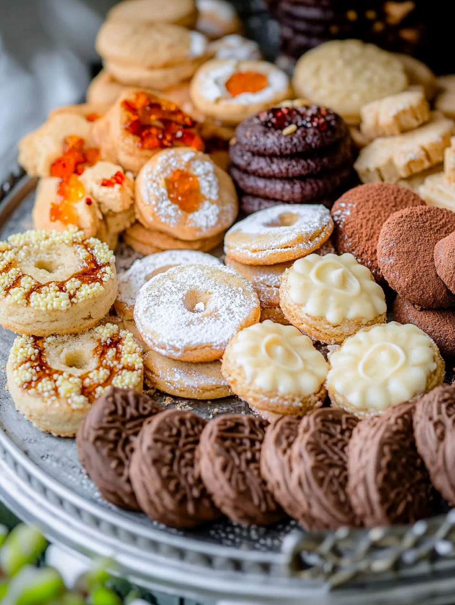 A tray of various desserts including donuts, cookies, and cakes.