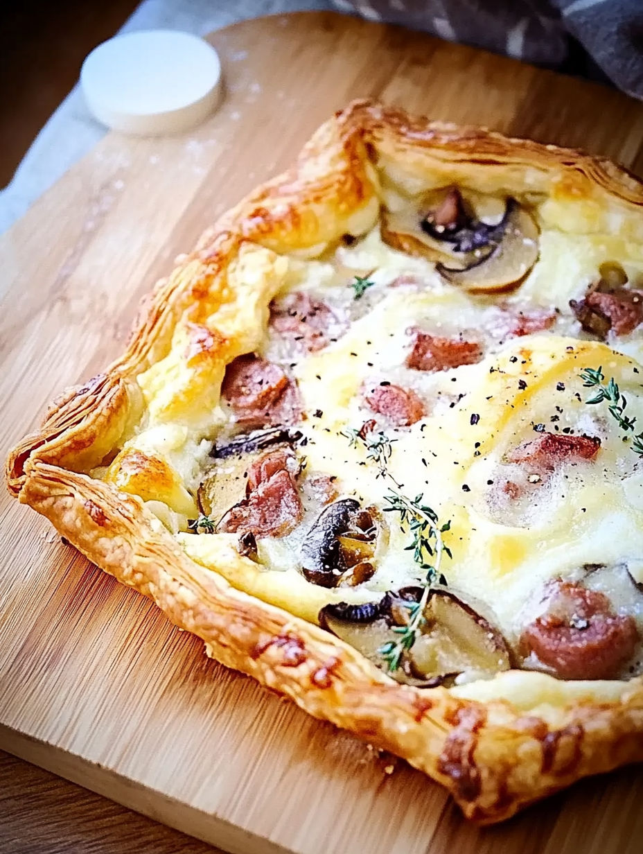 A close up of a tarte feuilletée with mushrooms and sausage.