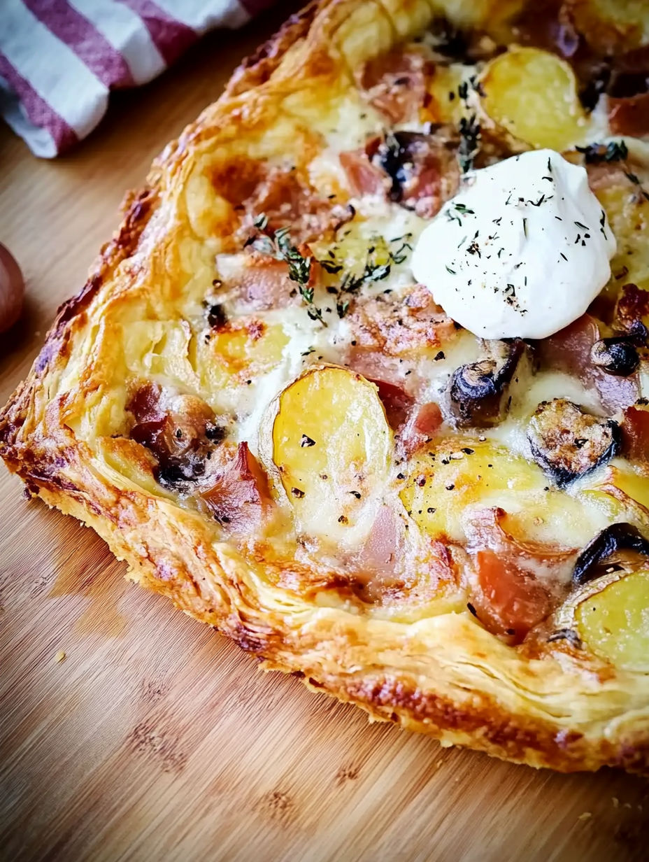 A close up of a pastry with mushrooms and cheese.