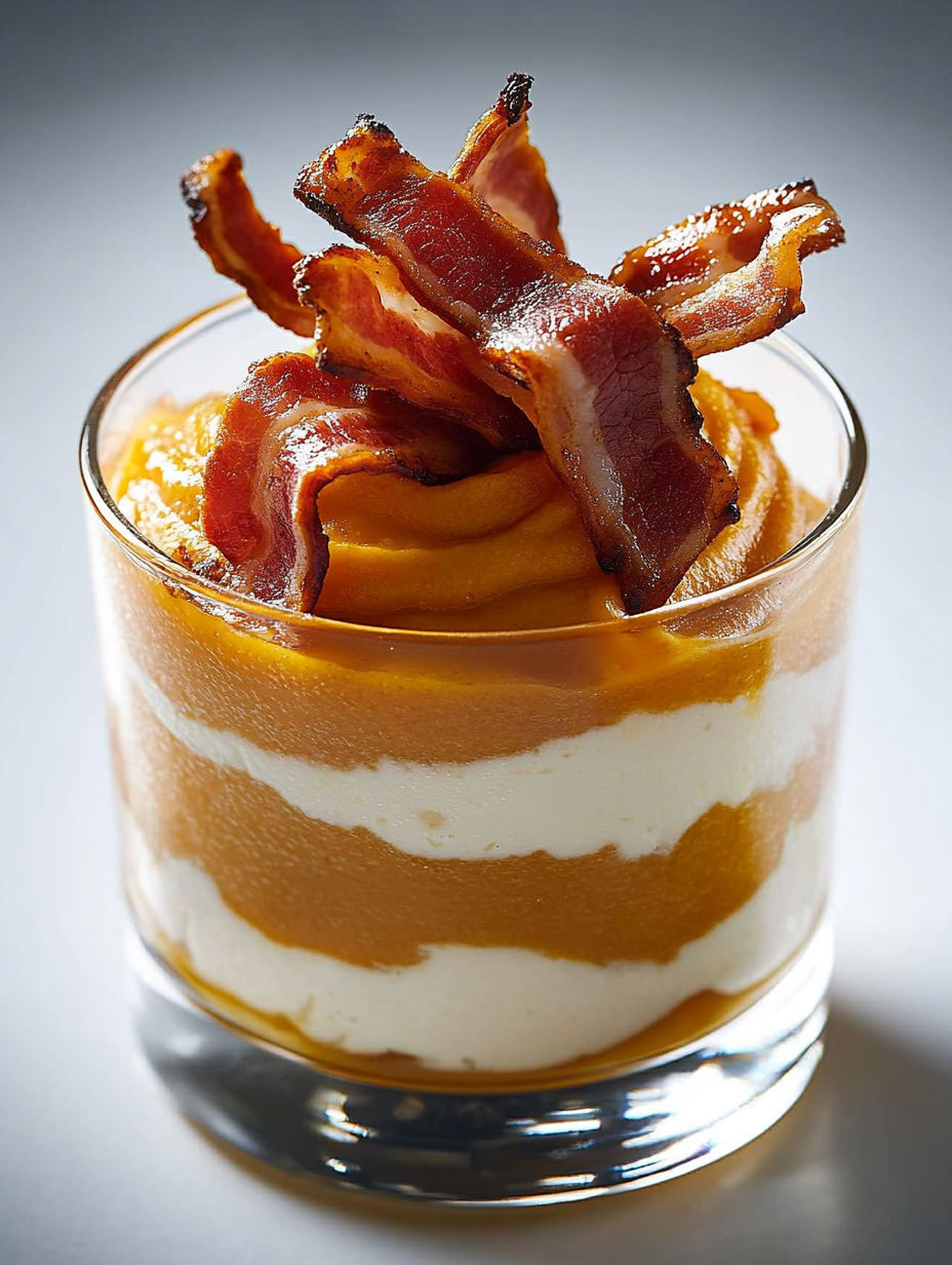 A glass of food with bacon and orange sauce.