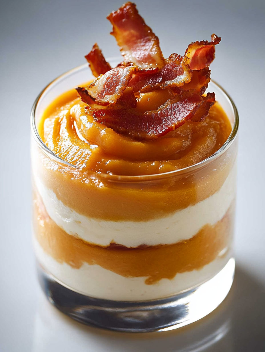 A glass of food with bacon on top.