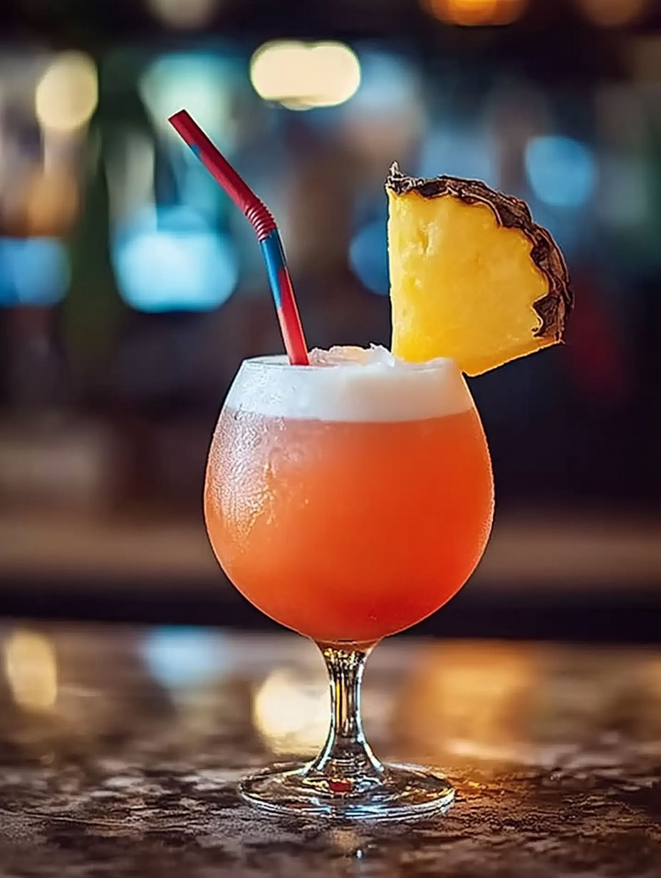 A glass of pink drink with a pineapple on top.