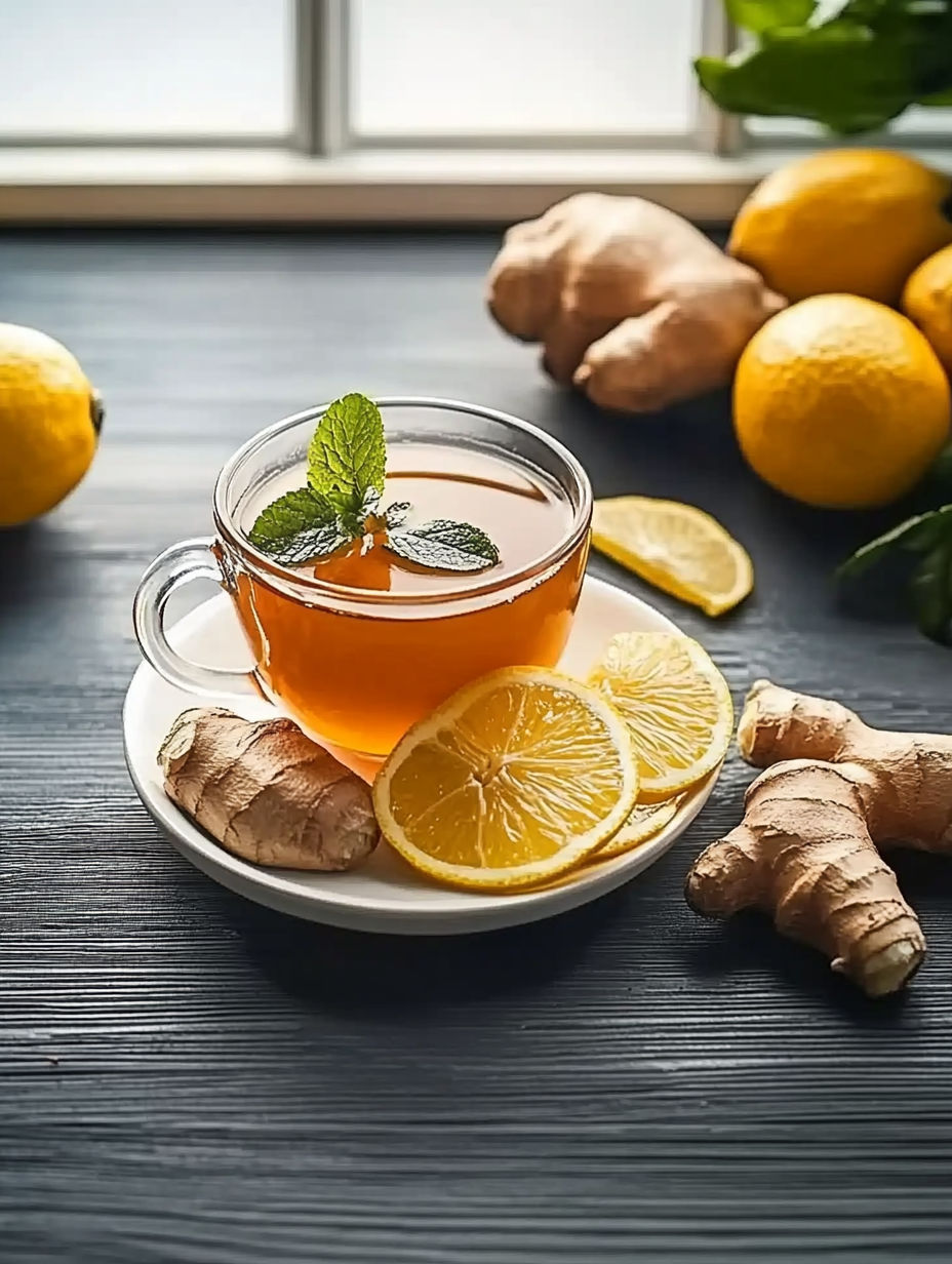 A glass of tea with a lemon and ginger garnish.