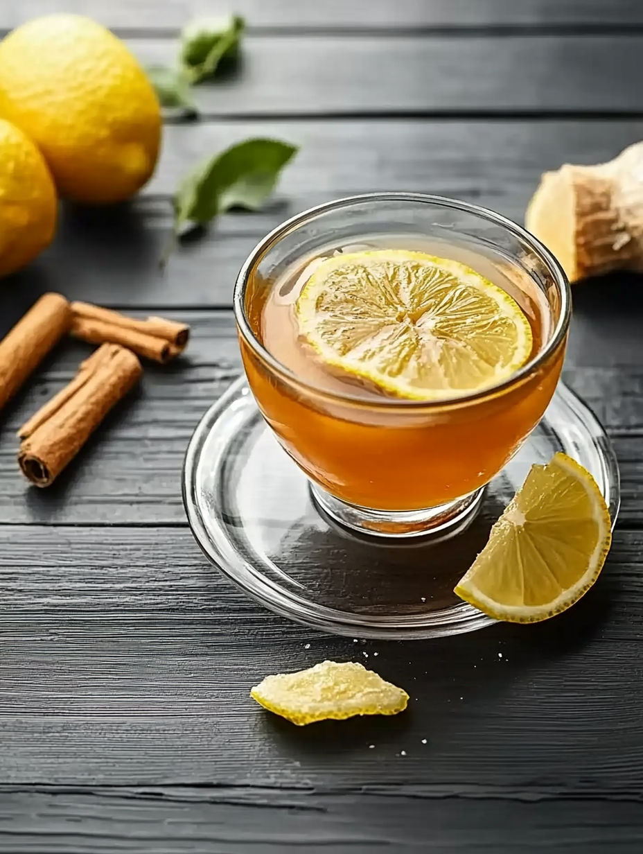 A glass of lemonade with lemon slices in it.