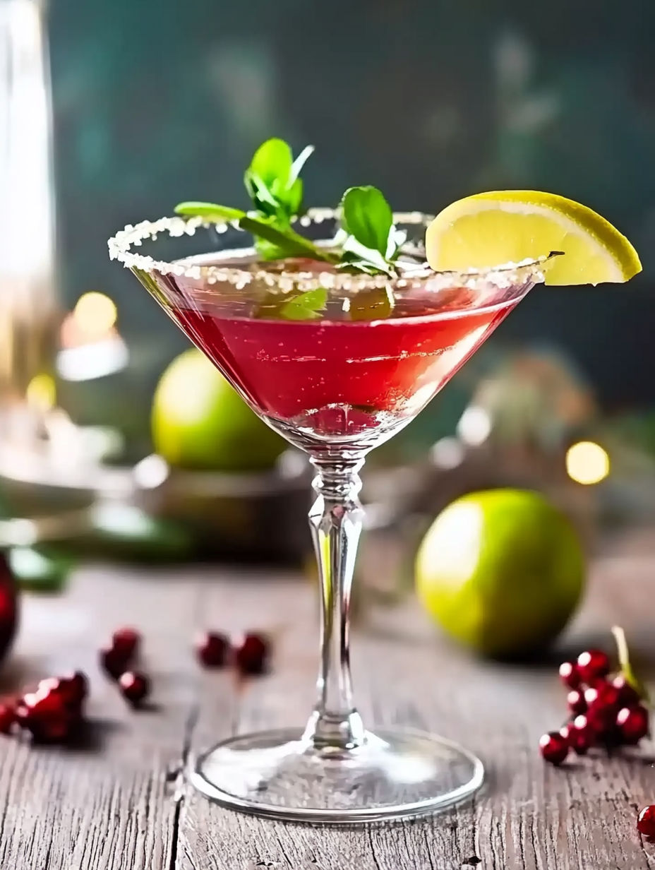 A glass of red wine with a lemon wedge and mint garnish.