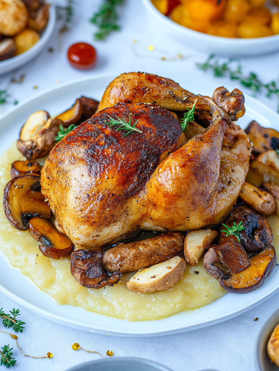 A roasted chicken with mushrooms and potatoes.
