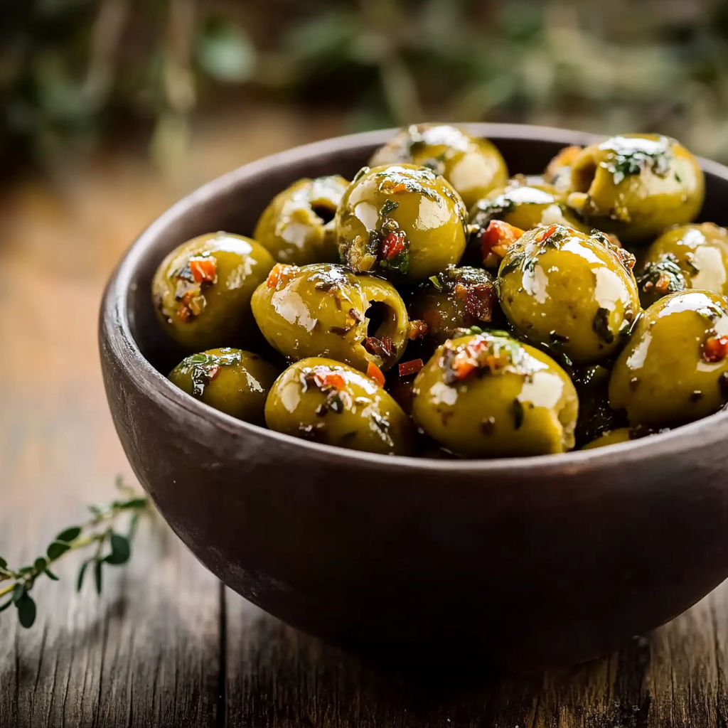 A bowl of green olives with herbs.