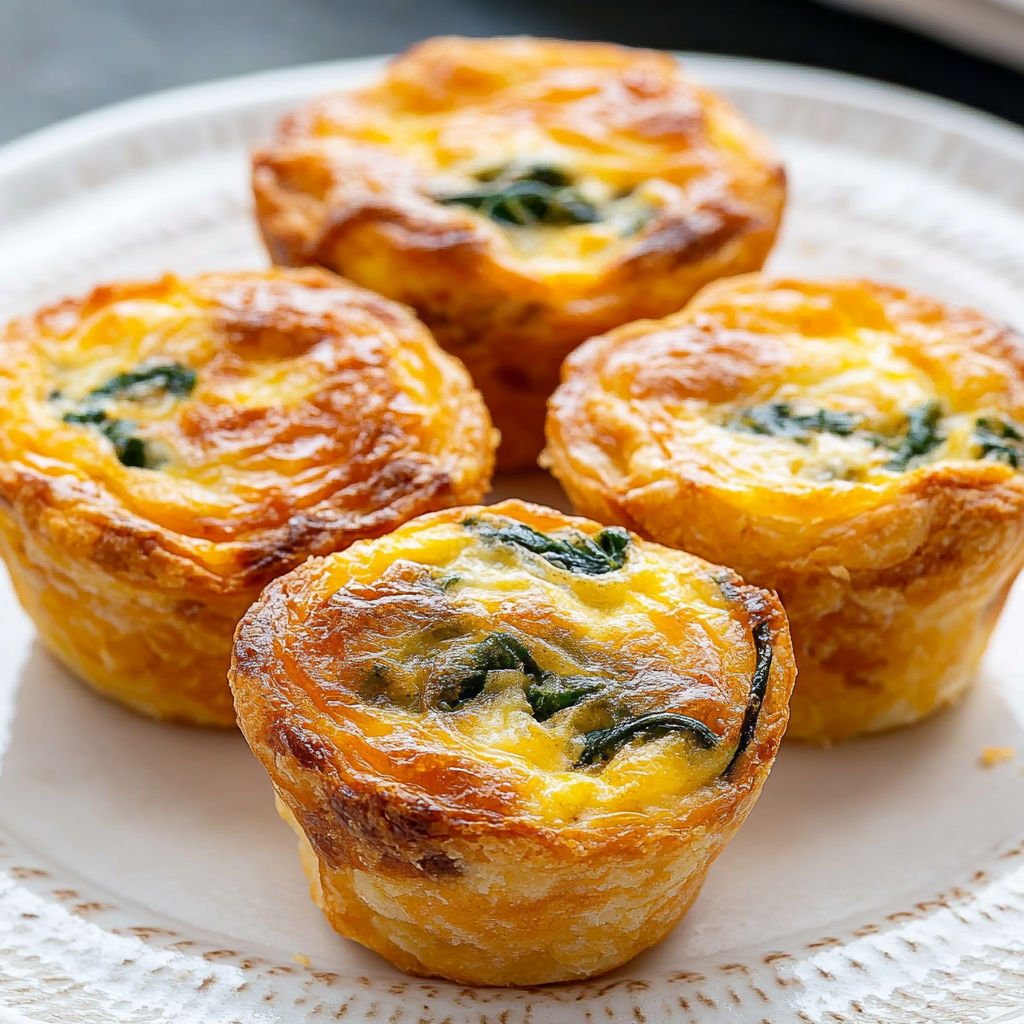 Three mini quiches with spinach on a white plate.