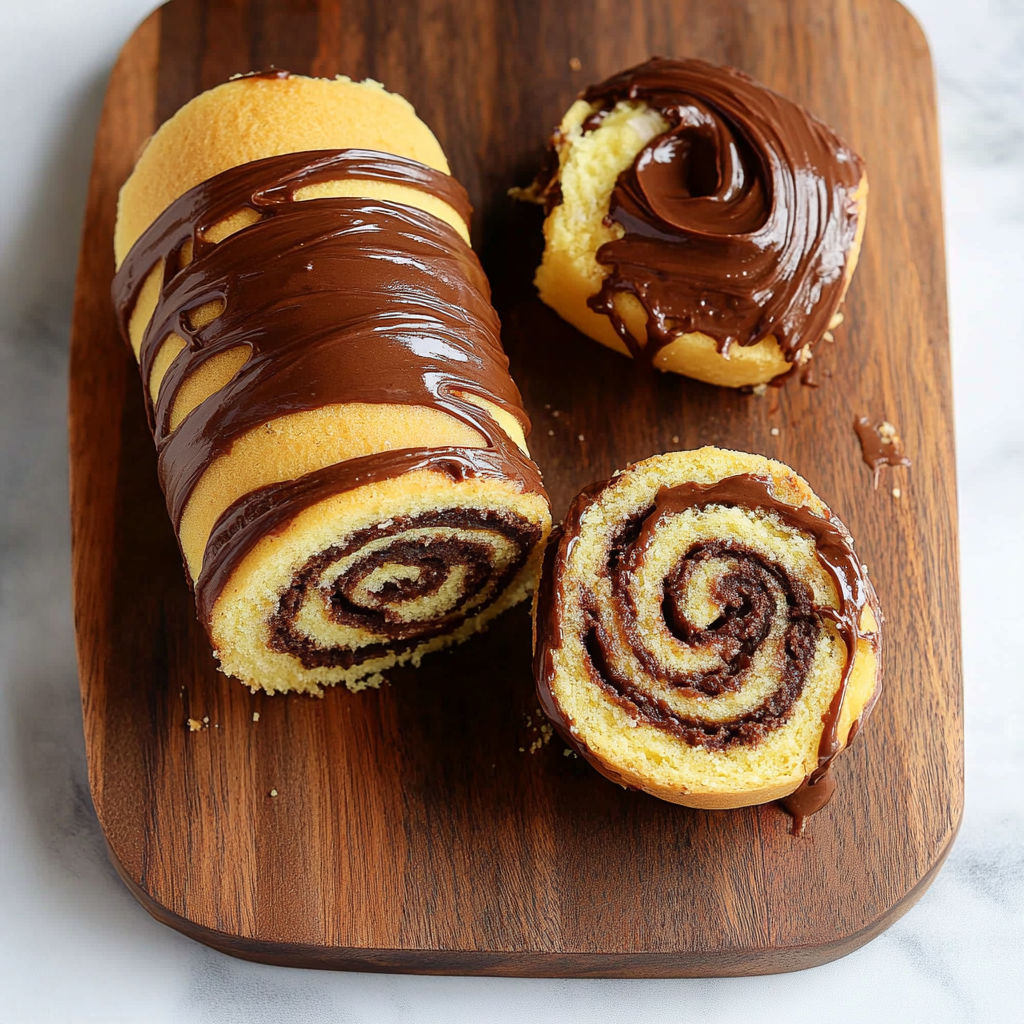 A chocolate roll on a wooden board.