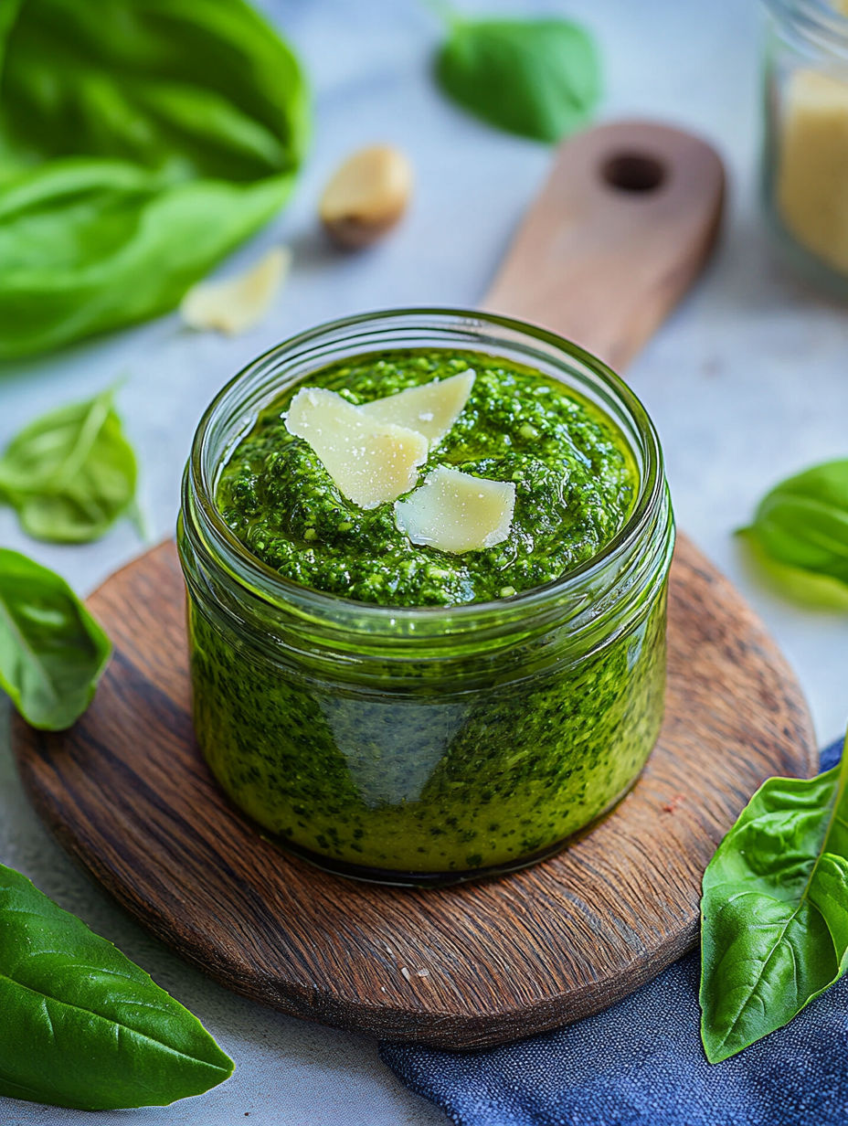 A jar of green sauce with a spoon in it.