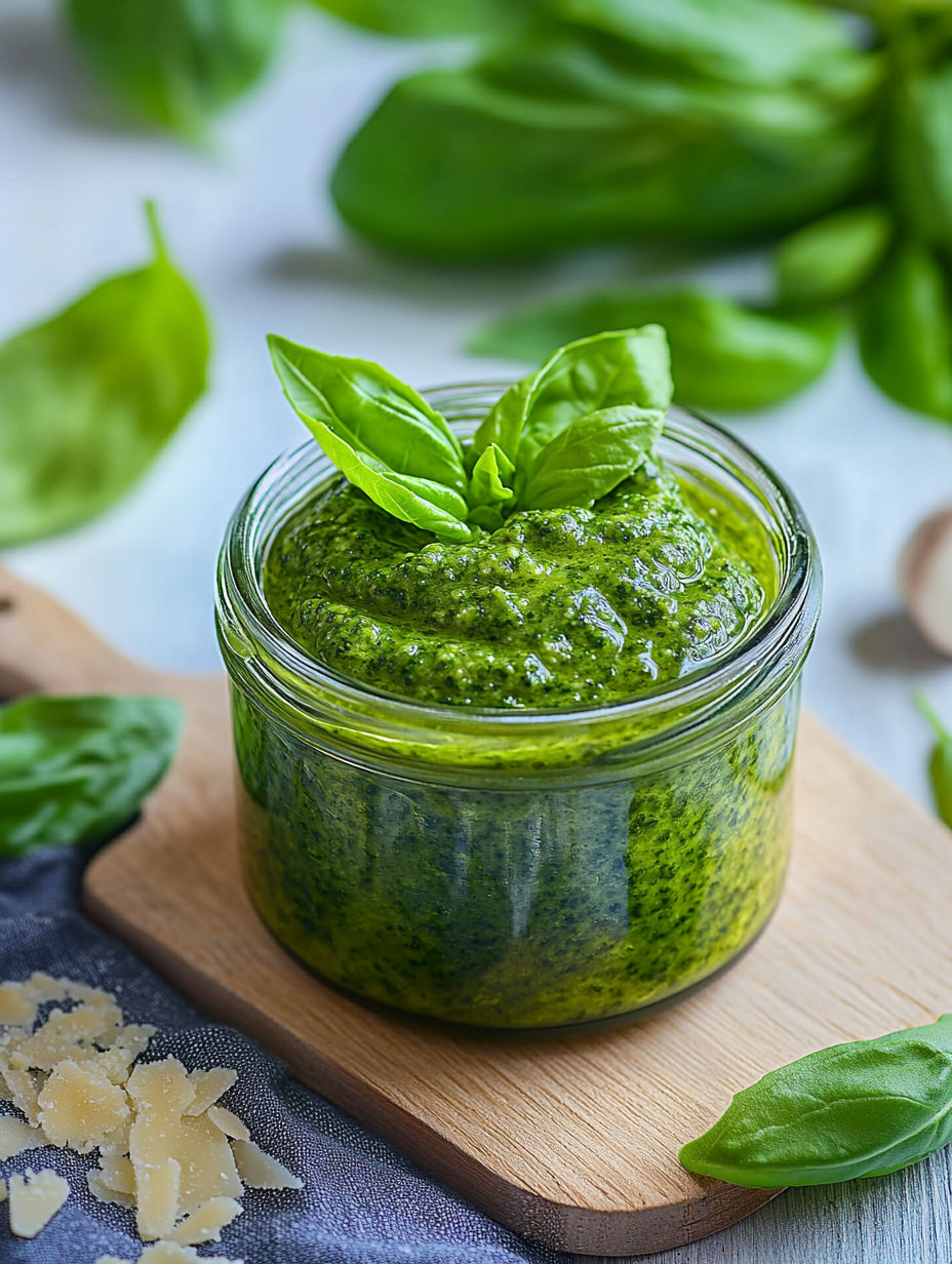 A jar of pesto sauce with a leaf on top.