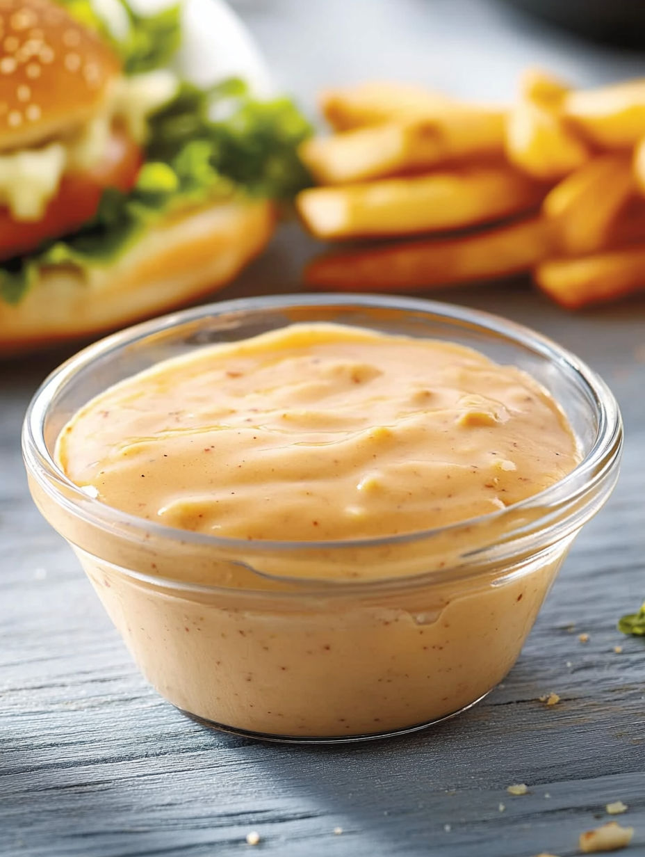 A glass bowl of sauce with a sandwich in the background.