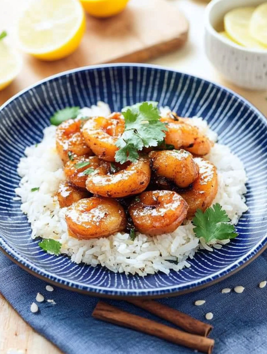 A plate of shrimp and rice.