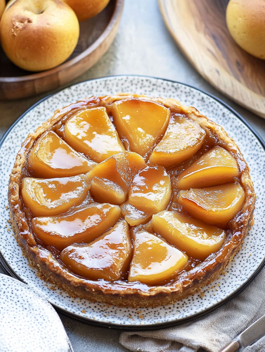 A slice of tarte tatin with apples and honey.