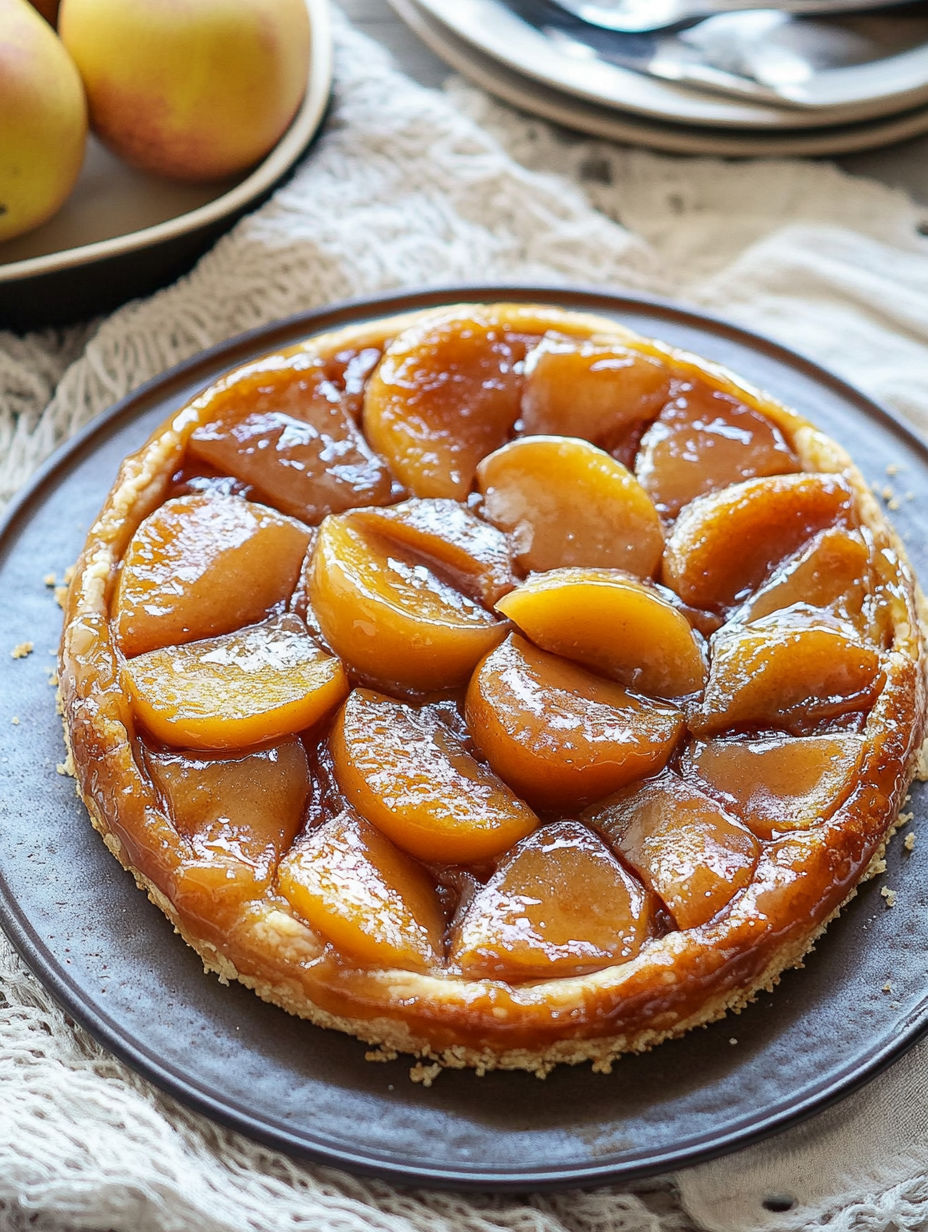 A slice of tarte tatin with apples and honey.