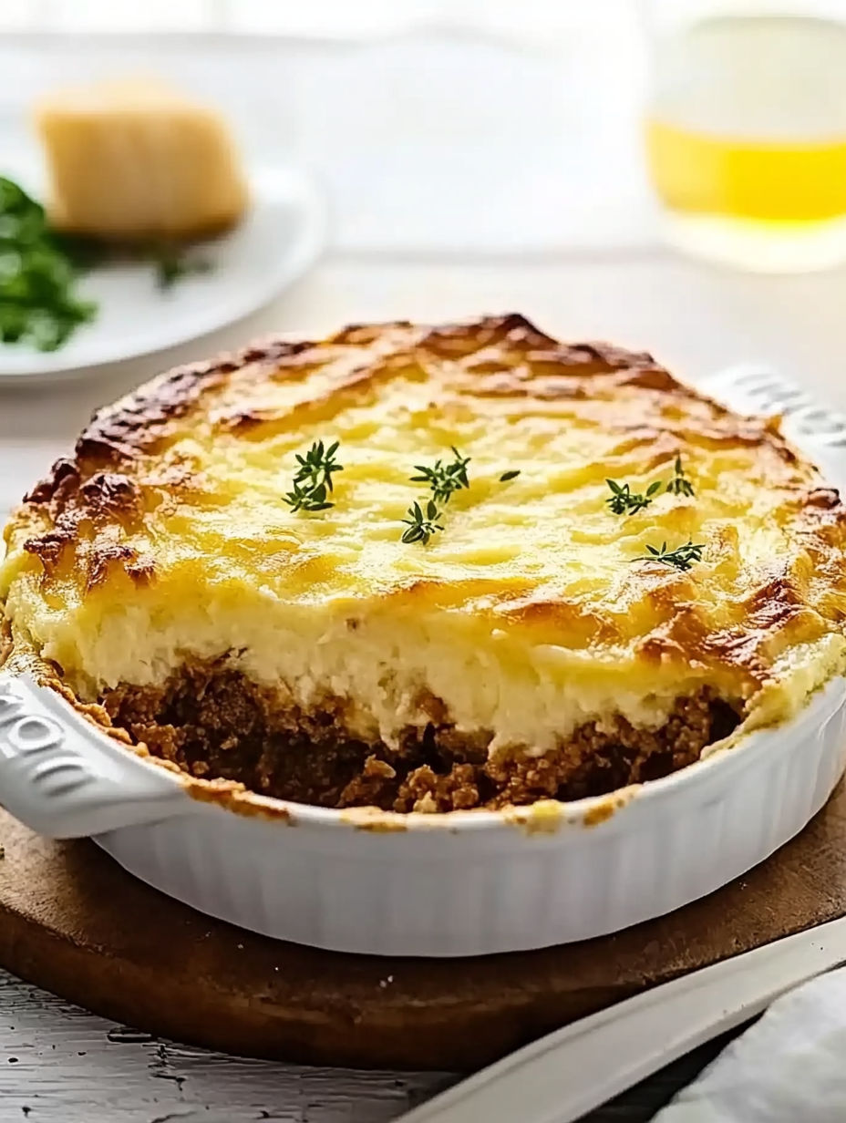 A white plate with a casserole dish on it.