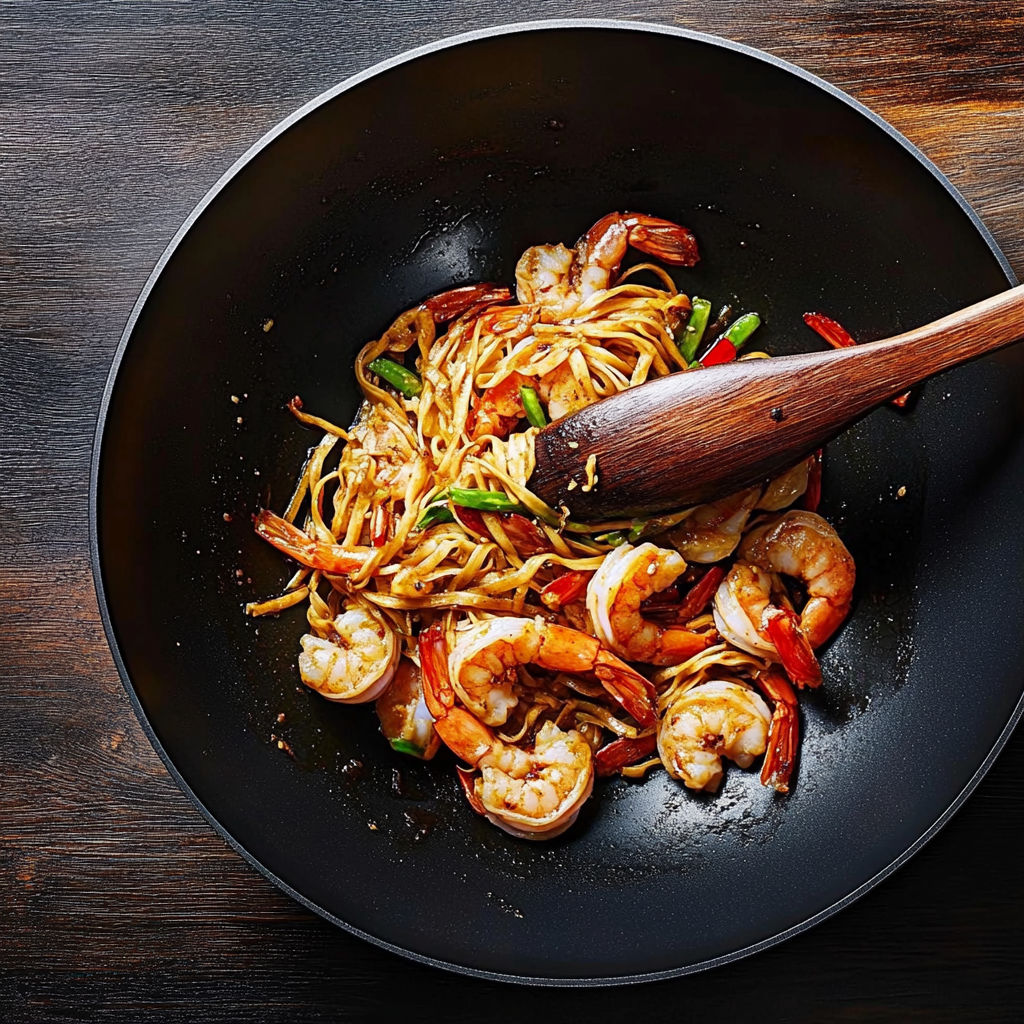 A wok full of shrimp and noodles.