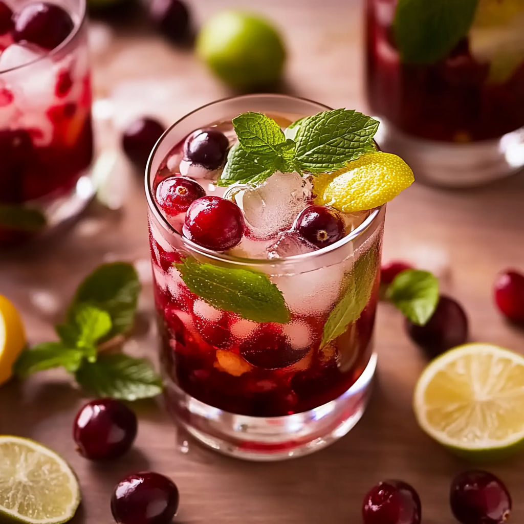 A glass of Christmas cranberry mojito.