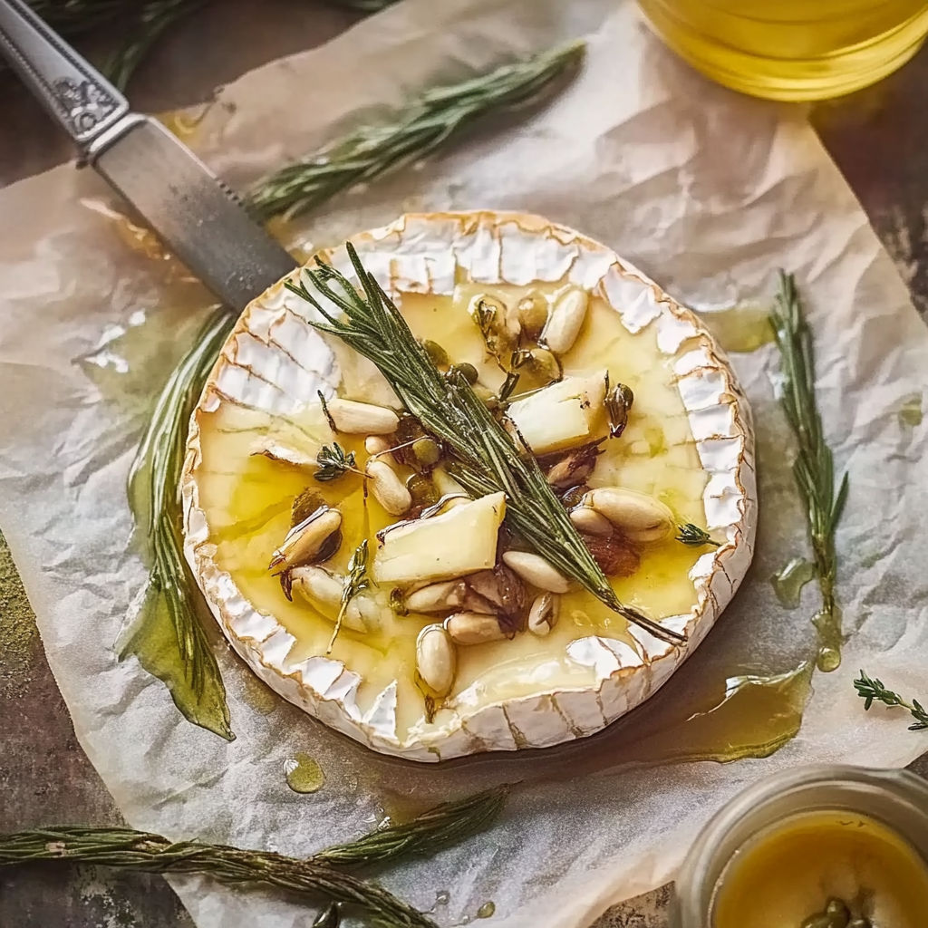 A slice of camembert cheese with herbs and honey.