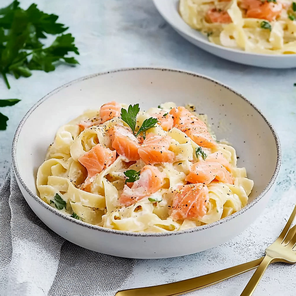 A bowl of pasta with salmon and herbs.
