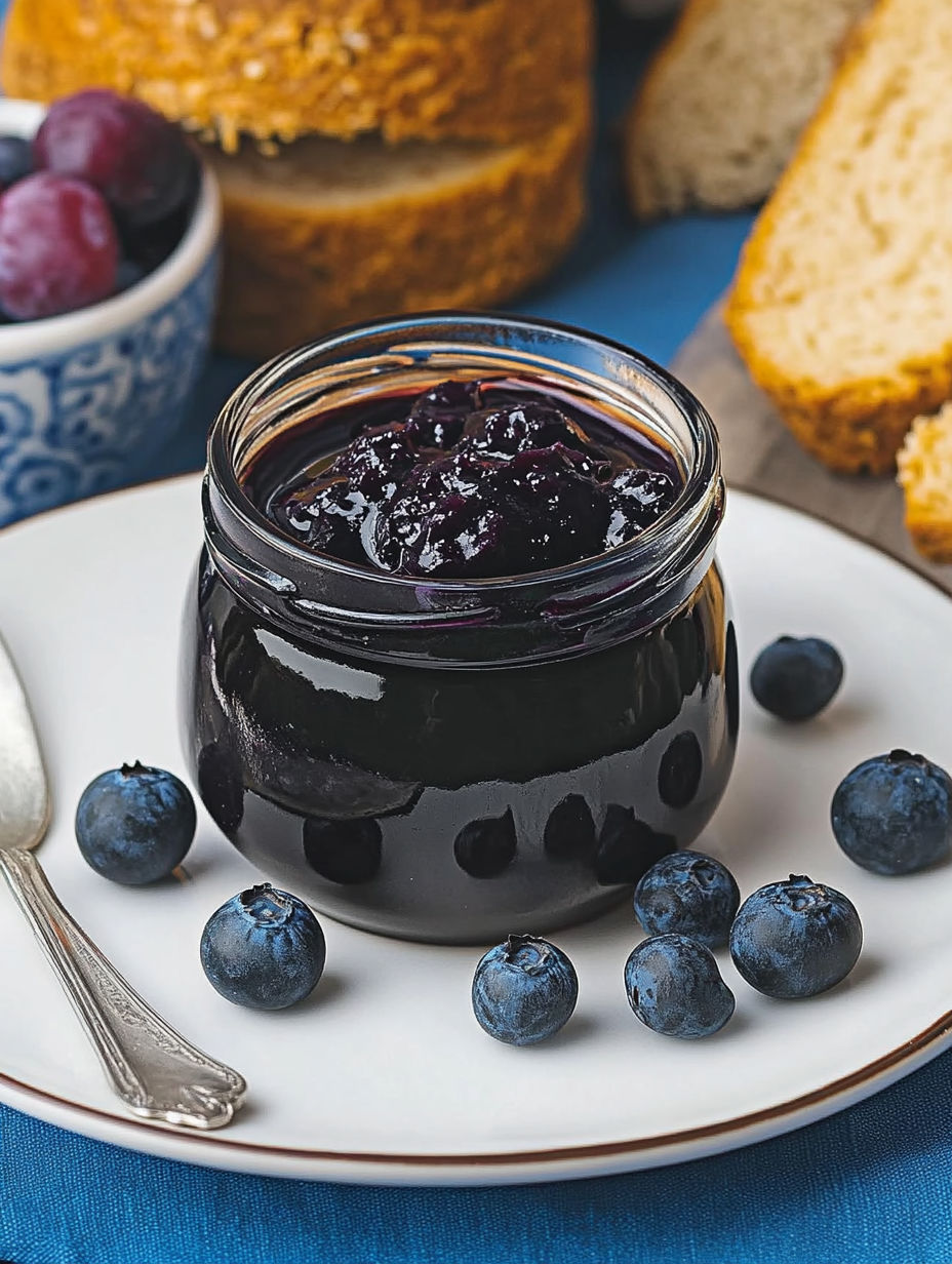 A jar of blackberry jam with a spoon in it.