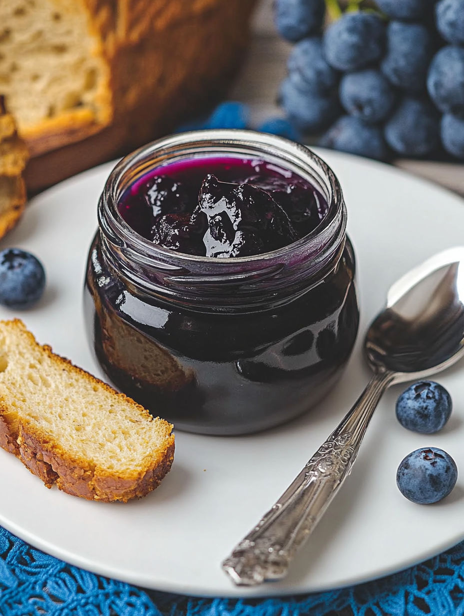 A jar of blueberry jam with a spoon in it.