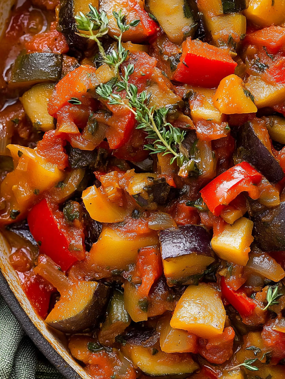 A close up of a delicious ratatouille dish.