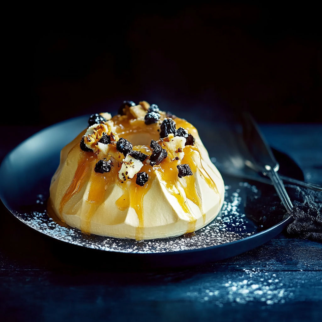 A plate with a kouglof glacé on it.