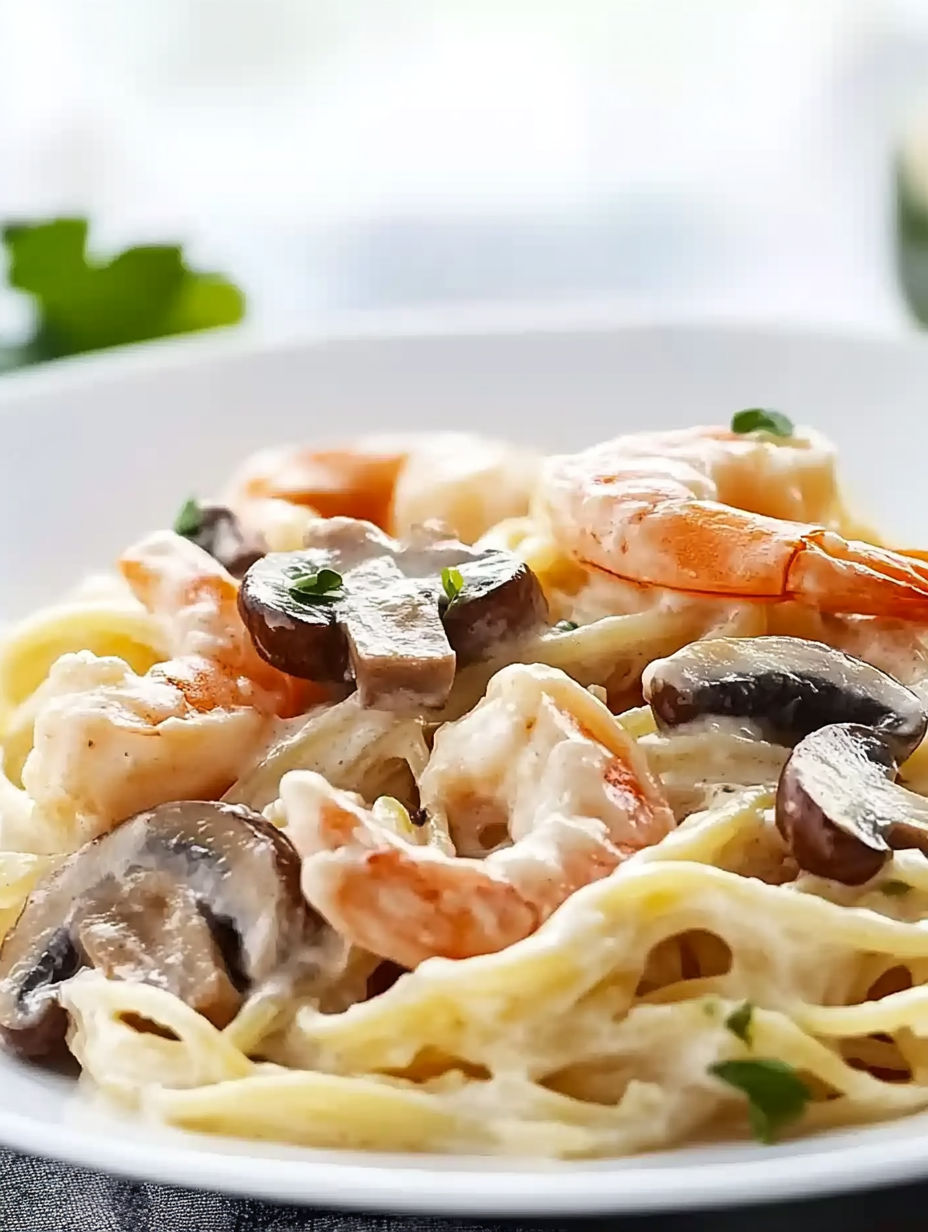 A plate of shrimp and mushrooms.