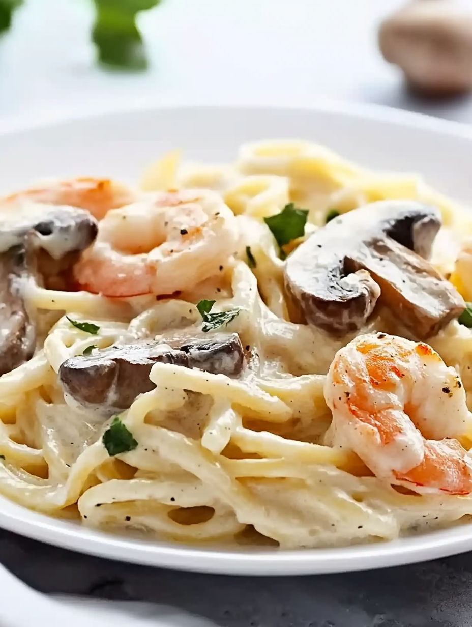 A plate of shrimp and mushroom pasta.