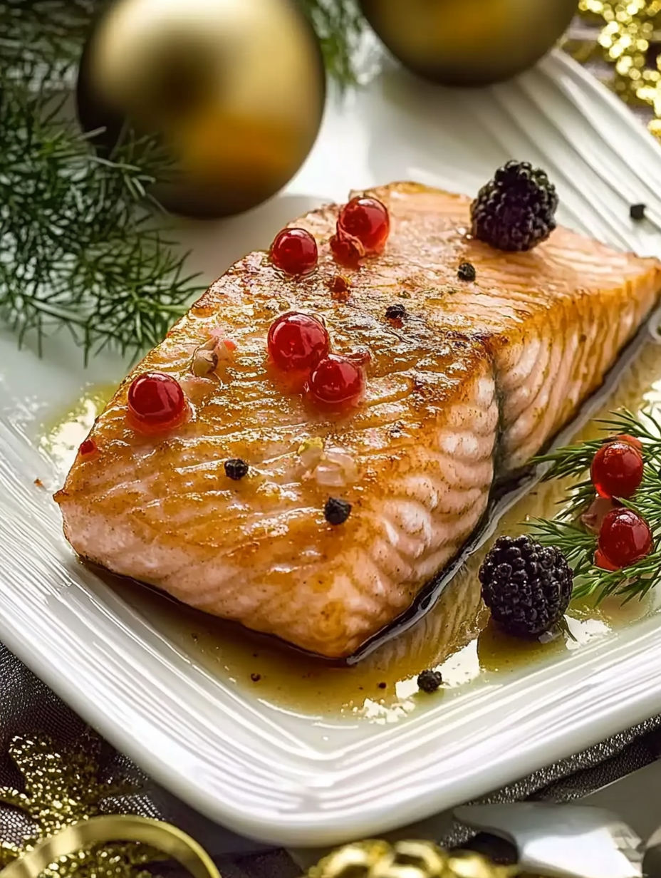 A piece of fish with red berries on top.