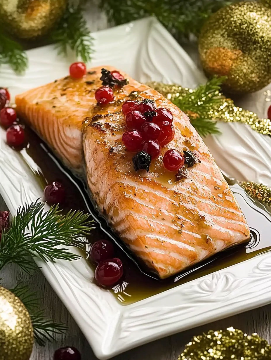 A piece of salmon with a cherry on top.