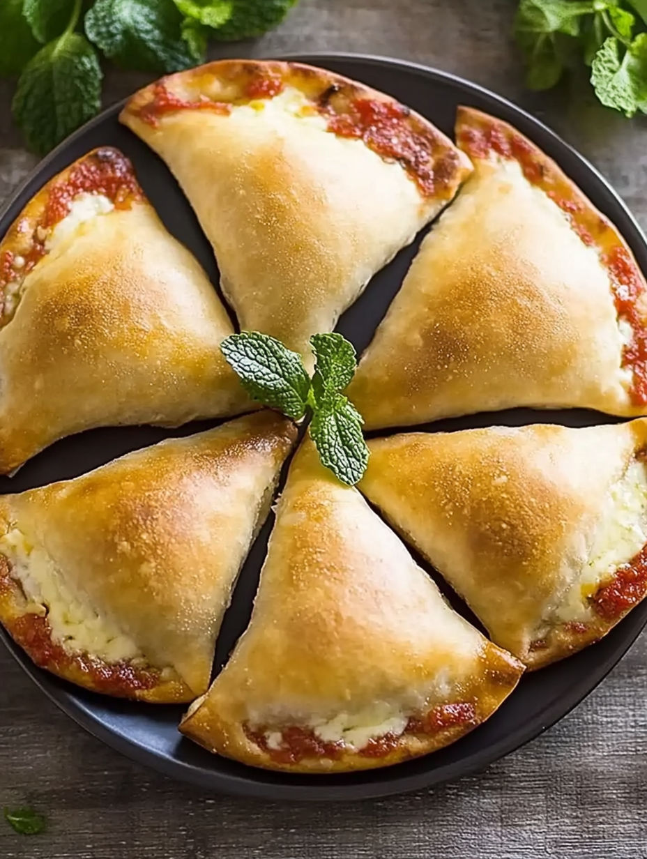A pizza cut into four pieces with a green leaf on top.