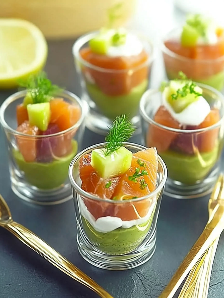 A small cup of food with a lemon wedge on top.