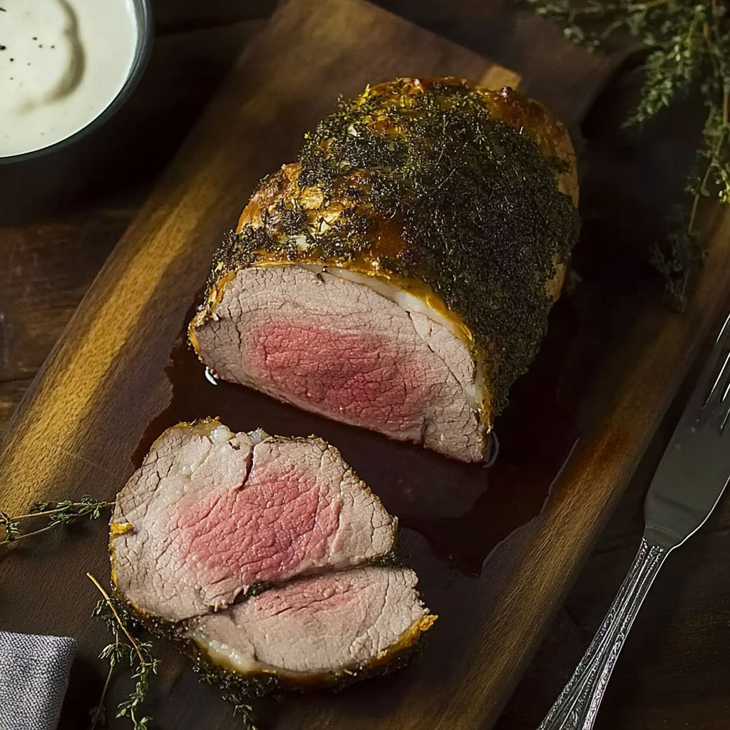 A piece of meat on a wooden board.