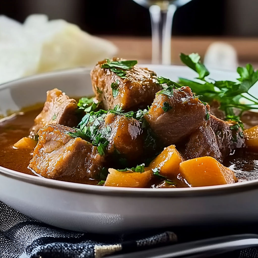 A bowl of beef stew with a glass of wine.