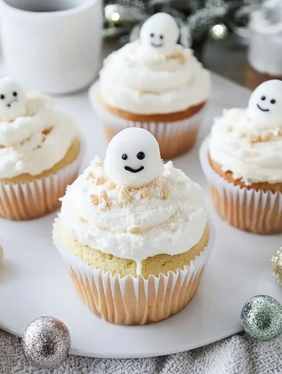 Cupcakes with white frosting and a smiley face.