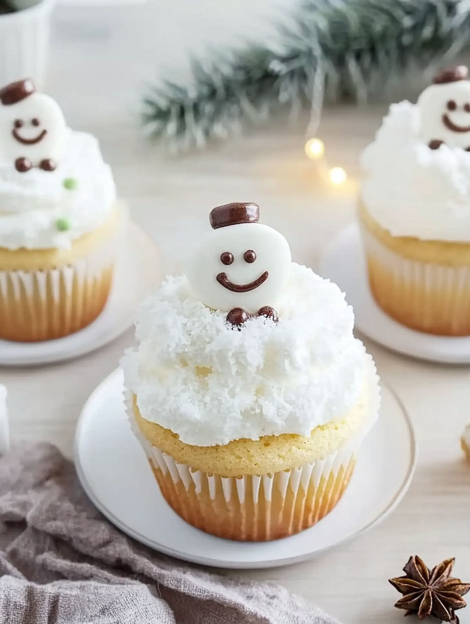 Cupcakes with white frosting and a smiley face.