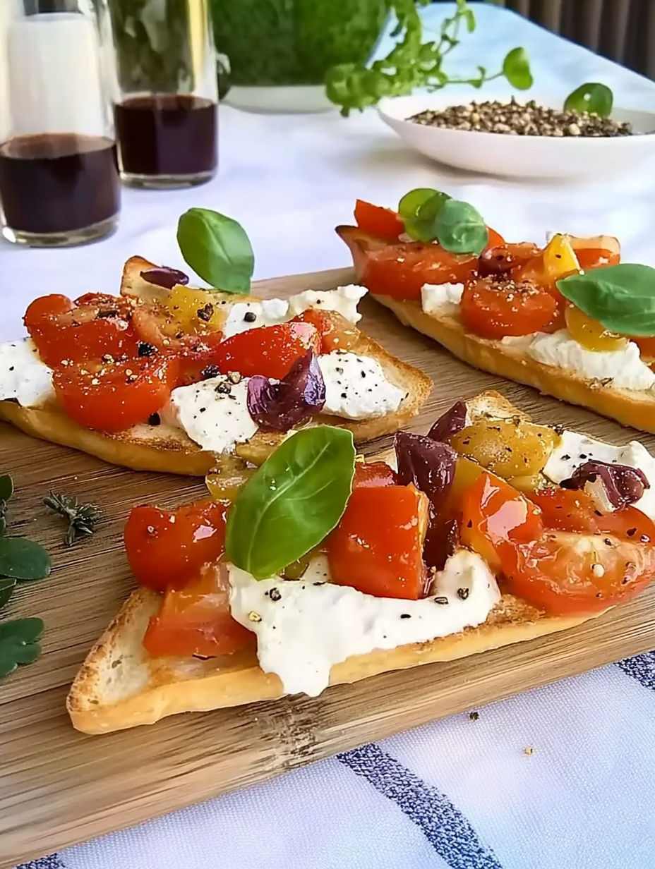 Two slices of bread with tomatoes and cheese on a wooden cutting board.