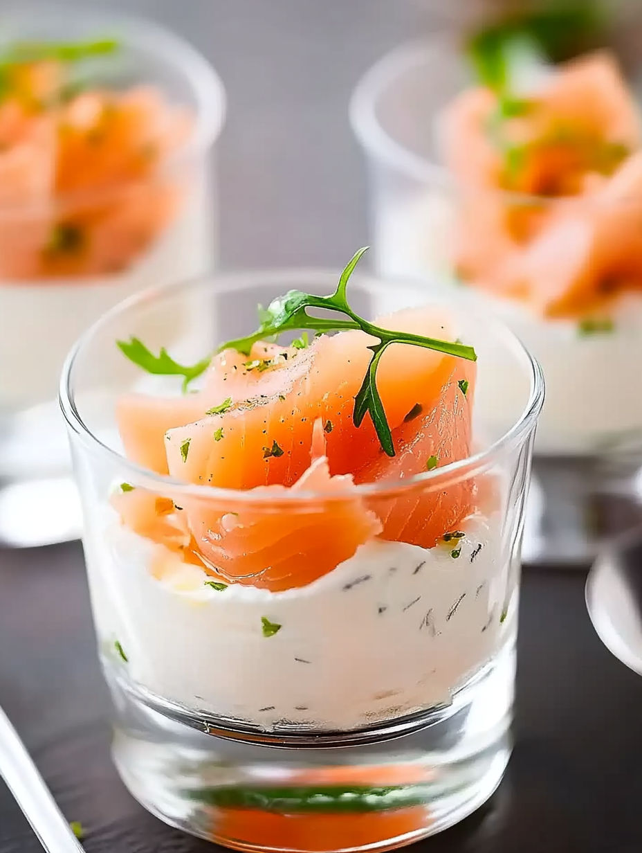 A glass of salmon with a green garnish.