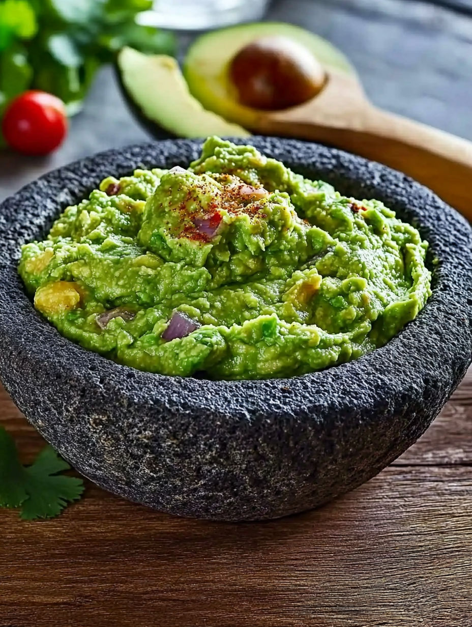 A bowl of guacamole with a spoon in it.