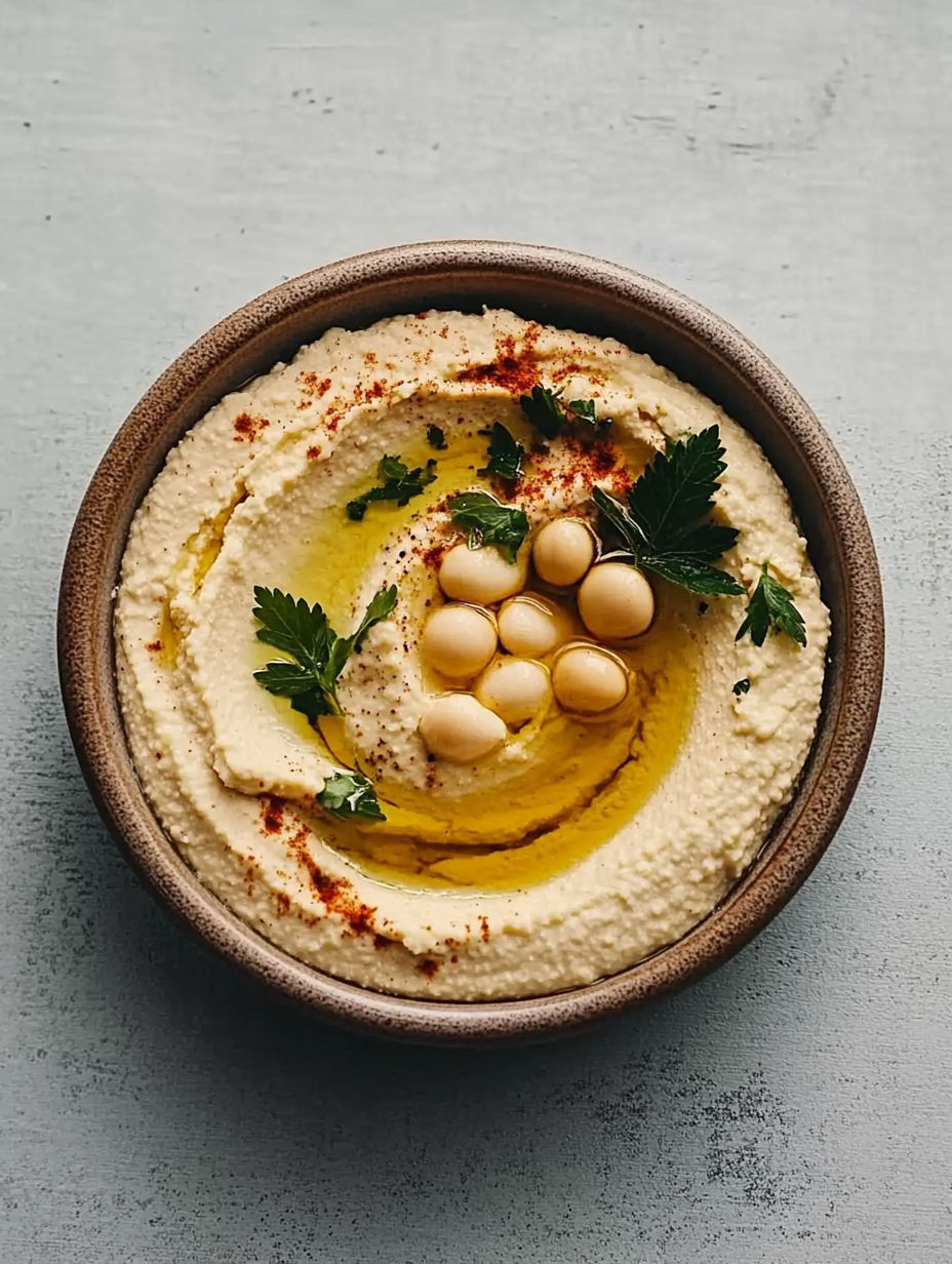 A bowl of hummus with a sprig of parsley and a few whole cloves of garlic.