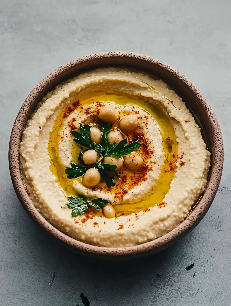 A bowl of hummus with chickpeas and spices.