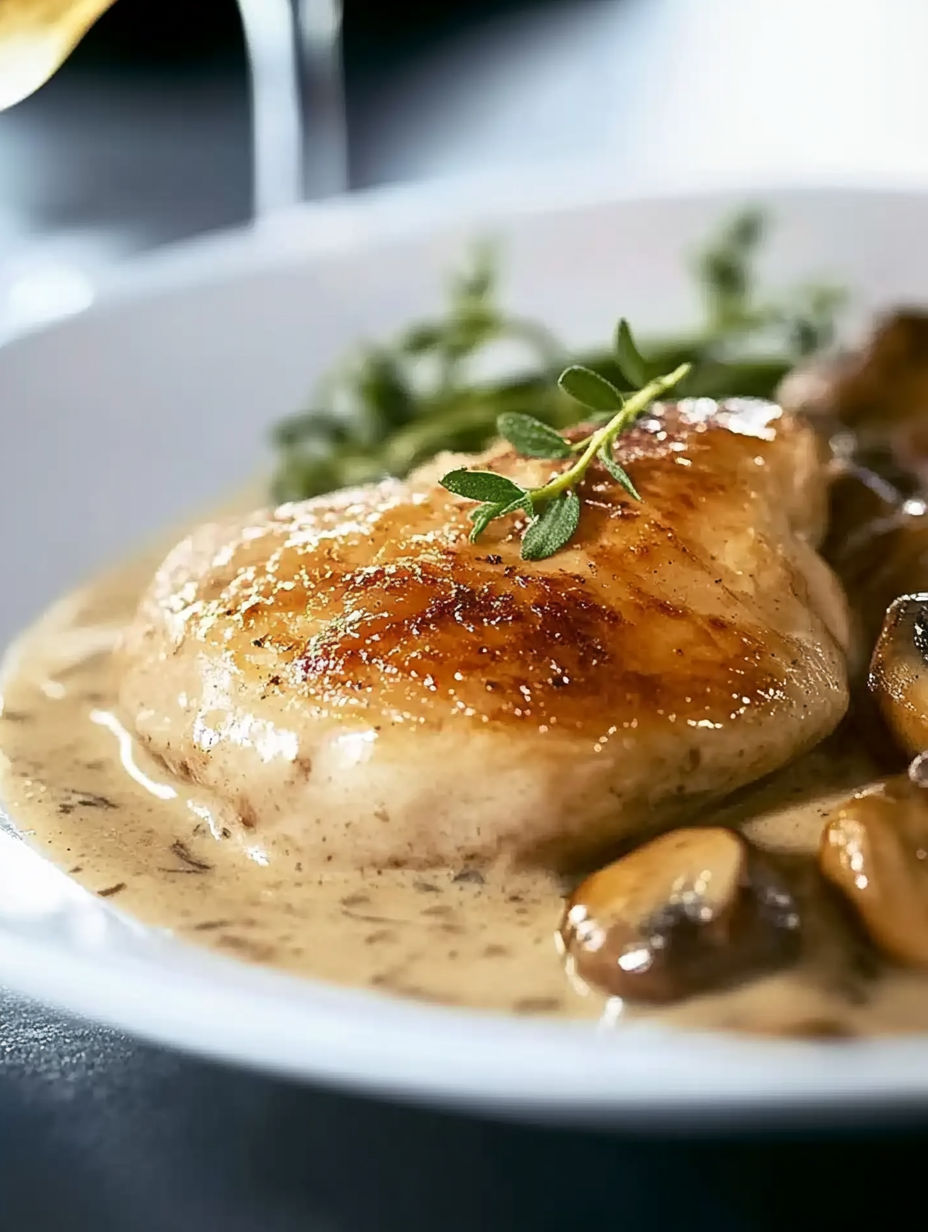 A plate of food with a chicken breast and mushrooms.