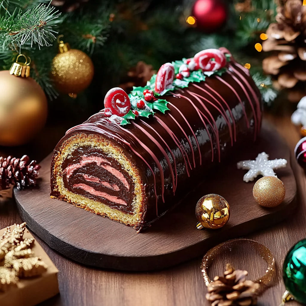 A chocolate cake with a red and green striped ribbon.